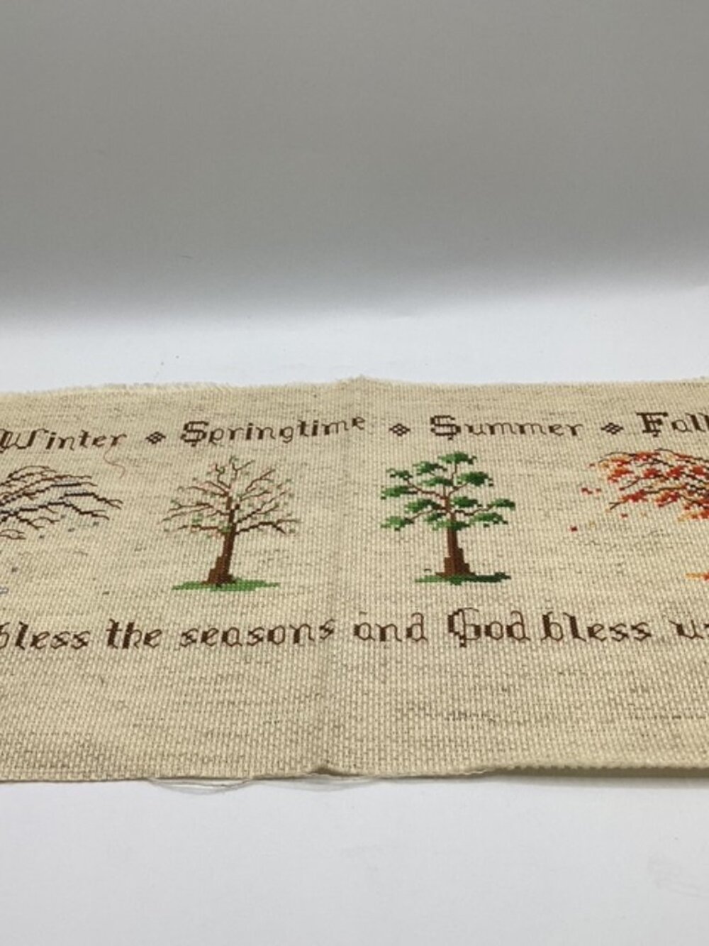 Handmade Vintage Needlecraft "God Bless the Seasons God Bless Us All" 17"x9"